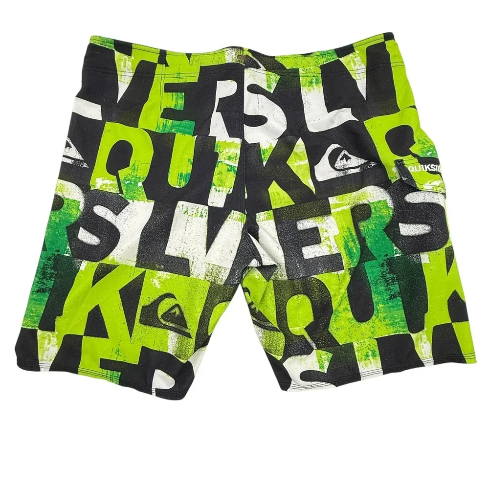 Quiksilver Board Shorts Mens 42 Green Graphic Print Logo Side Pocket Stretch‎